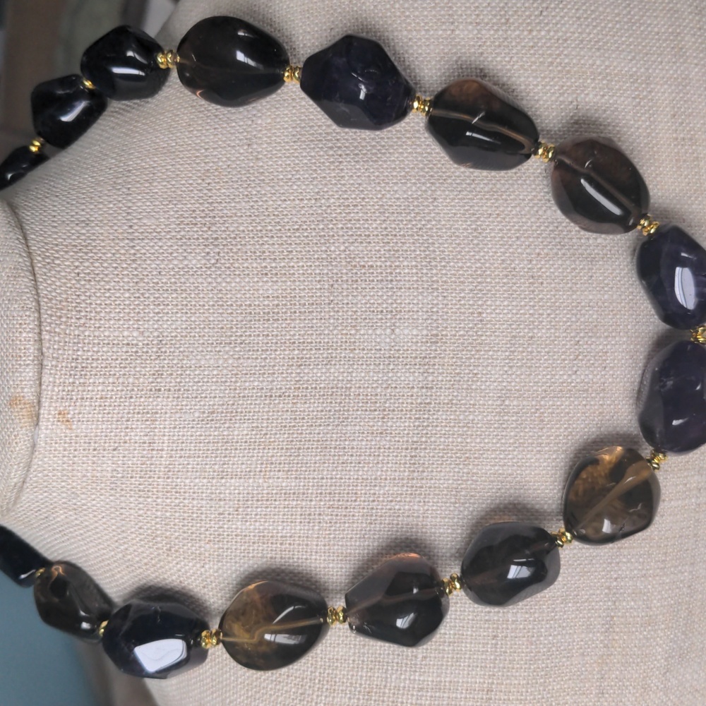 Smokey Quartz & Amethyst Gold Beaded Necklace, New, Chunky, Genuine